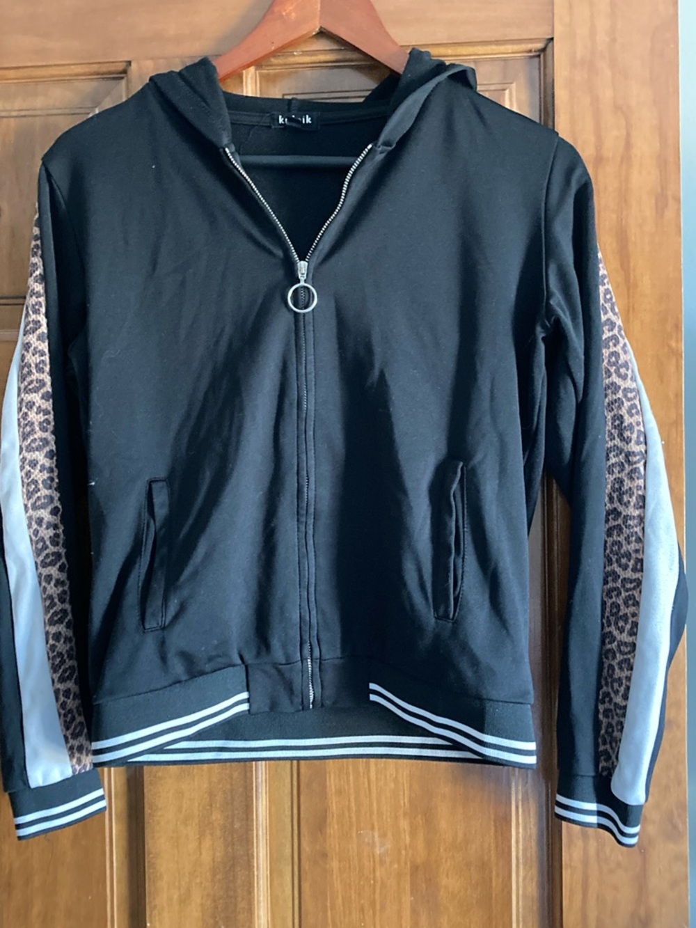 kidpik Black Hooded Zip Jacket with Leopard-Print Sleeves